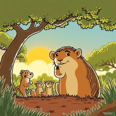  Image Description :
} The illustration shows Tonico, the tatu canastra (Priodontes maximus)  In the center of the image , smiling, surrounded by their four cubs (display case, Tito, Tuca and Tico), all animated playing around a pequi tree (Caryocar brasil...