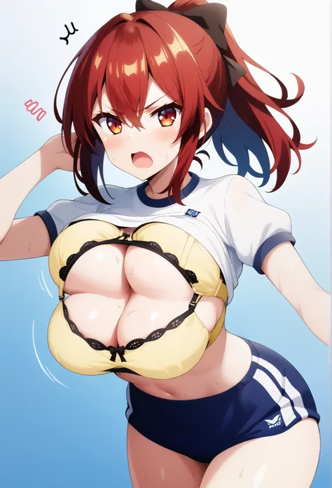 score_7, source_anime, masterpiece,  1girl , red hair, red eyes, hair between eyes, ponytail, brown hairbow, large breasts, (YSMB_Concept, Concept, multiple_breasts, 4_breasts, multiple_tits, 4_tits:0.9), gym uniform, blue gym shorts, looking at viewer,fru...