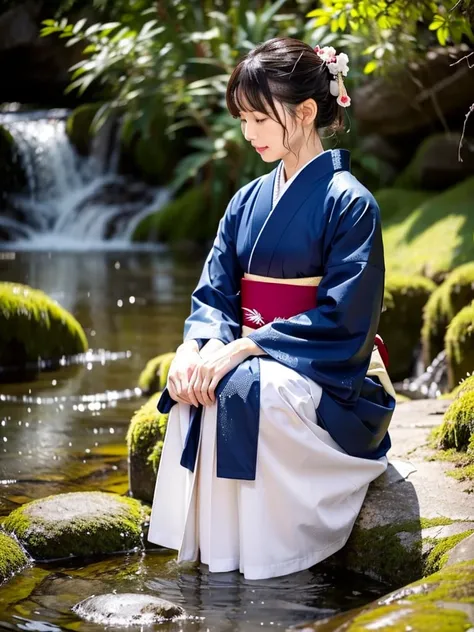 Realistic, furisode, hakama, nagahakama, floral patterned kimono, wet clothes, soaking wet clothes, wet and shiny clothes, clothes with a wet texture, clothes that cling to the body, body outline visible through clothes, skin visible through clothes, wet c...