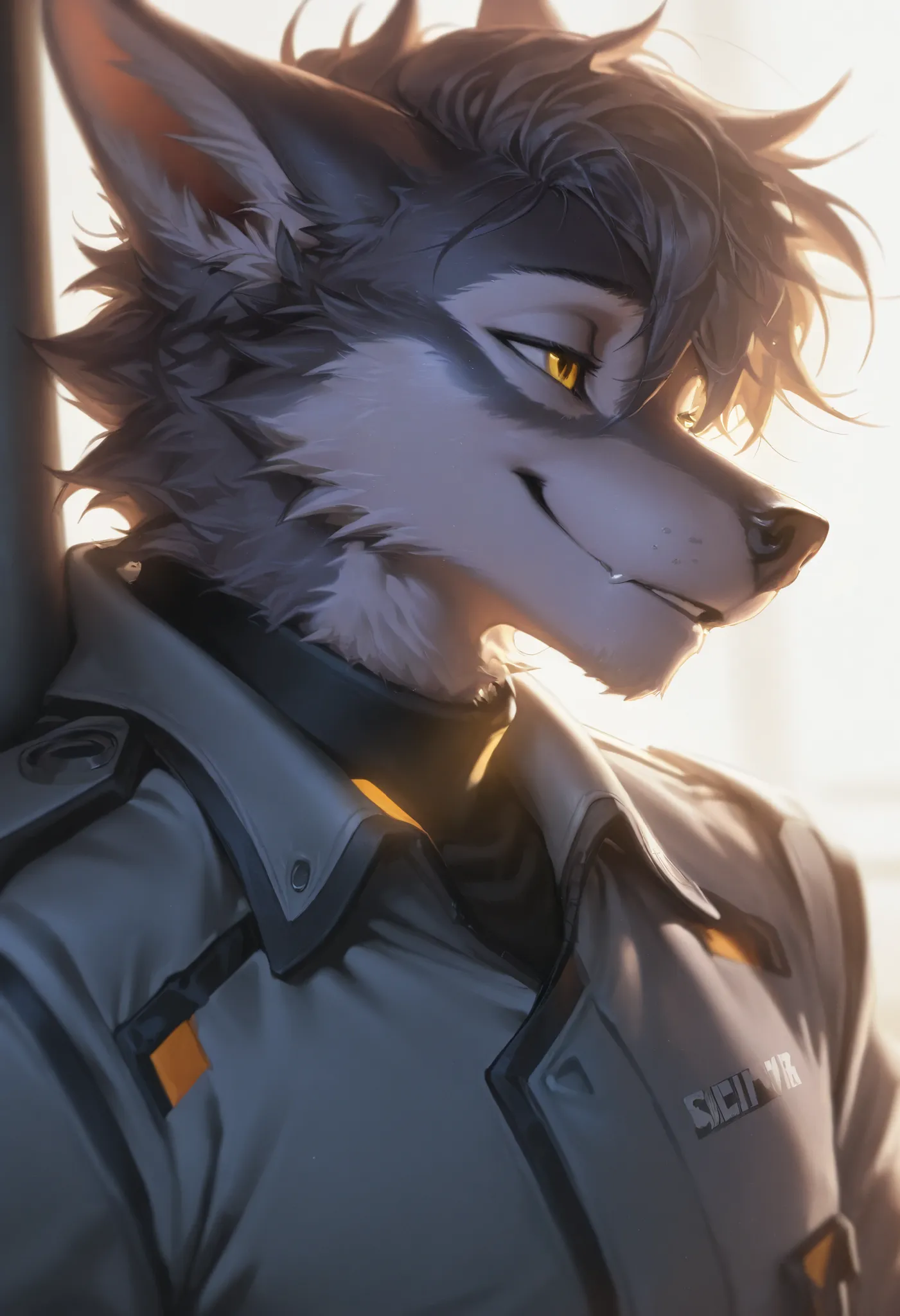 Score_9, Score_8_up, Score_7_up, Score_6_up, masterpiece, portrait, best quality, upper body, 1male, anthro, anthro_wolf, disheveled hair, grey coat, ambar eyes, smile, wearing a white pilot uniform, L0LSPL4SH,