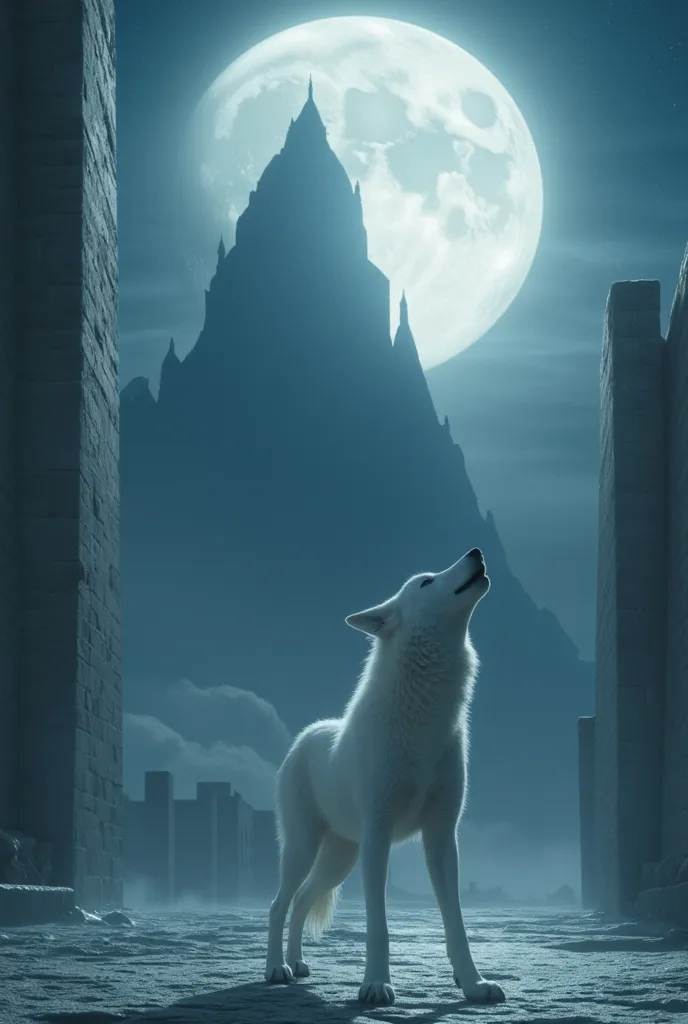 There is a wall filling the whole background from left to right. In the front there is a white wolf  howls at the moon. On the wall there is an oversized black shadow of the same wolf in the same pose. Moon and light come from the back.