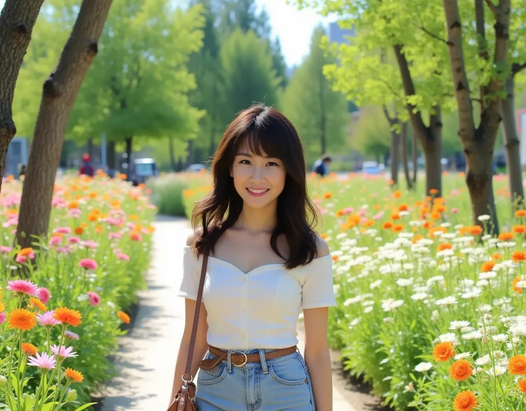 Full body shot, very detailed cute girl, 20 years old, Japanese woman. park, smiling, full body shot, normal breasts, full body shot, cowboy shot, Japanese, full body shot, walking, full body shot, Random outfit, full body shot, flower bed, handbag、 full b...