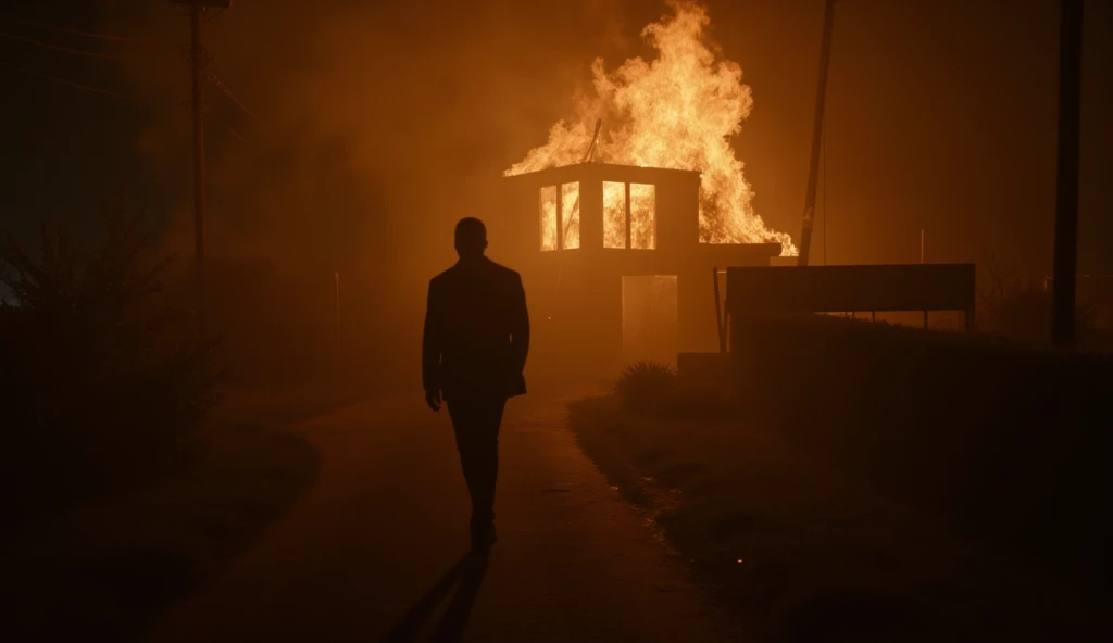 Shot: Wide, cinematic aerial shot of Denzel walking away from a burning building, his silhouette disappearing into the night. The flames reflect in his eyes as he mutters under his breath.