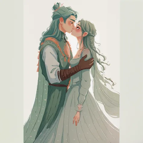Msmln, hyper detailed gouache painting, thick gouache painting, digital painting, detailed face,
A masterpiece illustration, 1boy, 1girl, kissing, wearing a medieval peasant dress, long sleeves, long braided hair, fair skin, brown eyes, msmln style, sco...