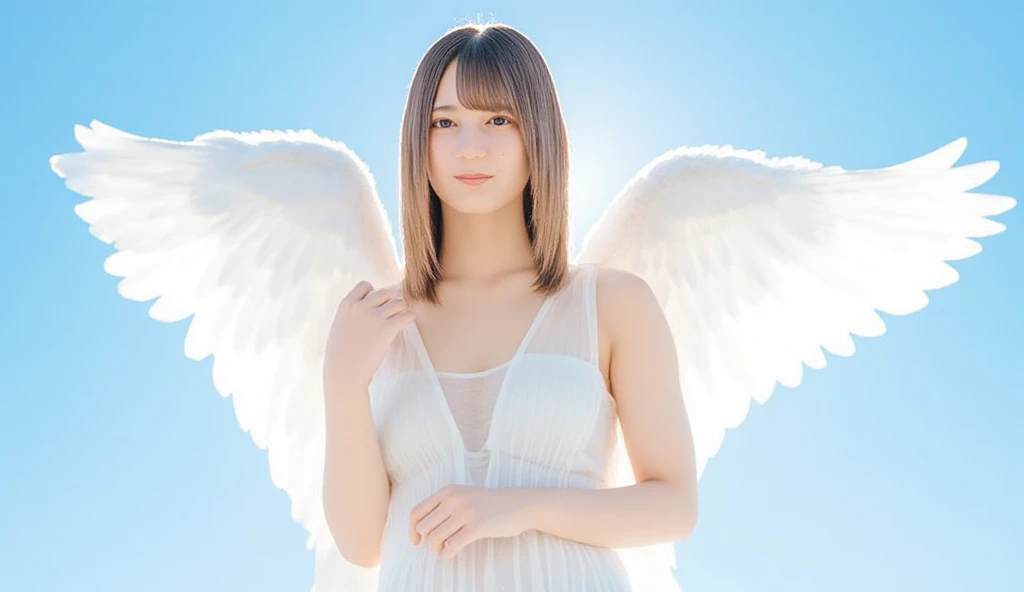 ( Beautiful Blonde Woman , Beautiful angel, full body:1.3),( white skin:1.8),( beautiful small breasts:1.35),( Angel Hello, Slightly larger angel wings:1.4),(Look at this),(kind smile, ,  Long face:1.45)、( white sheer transparent dress, Transparent pubic h...