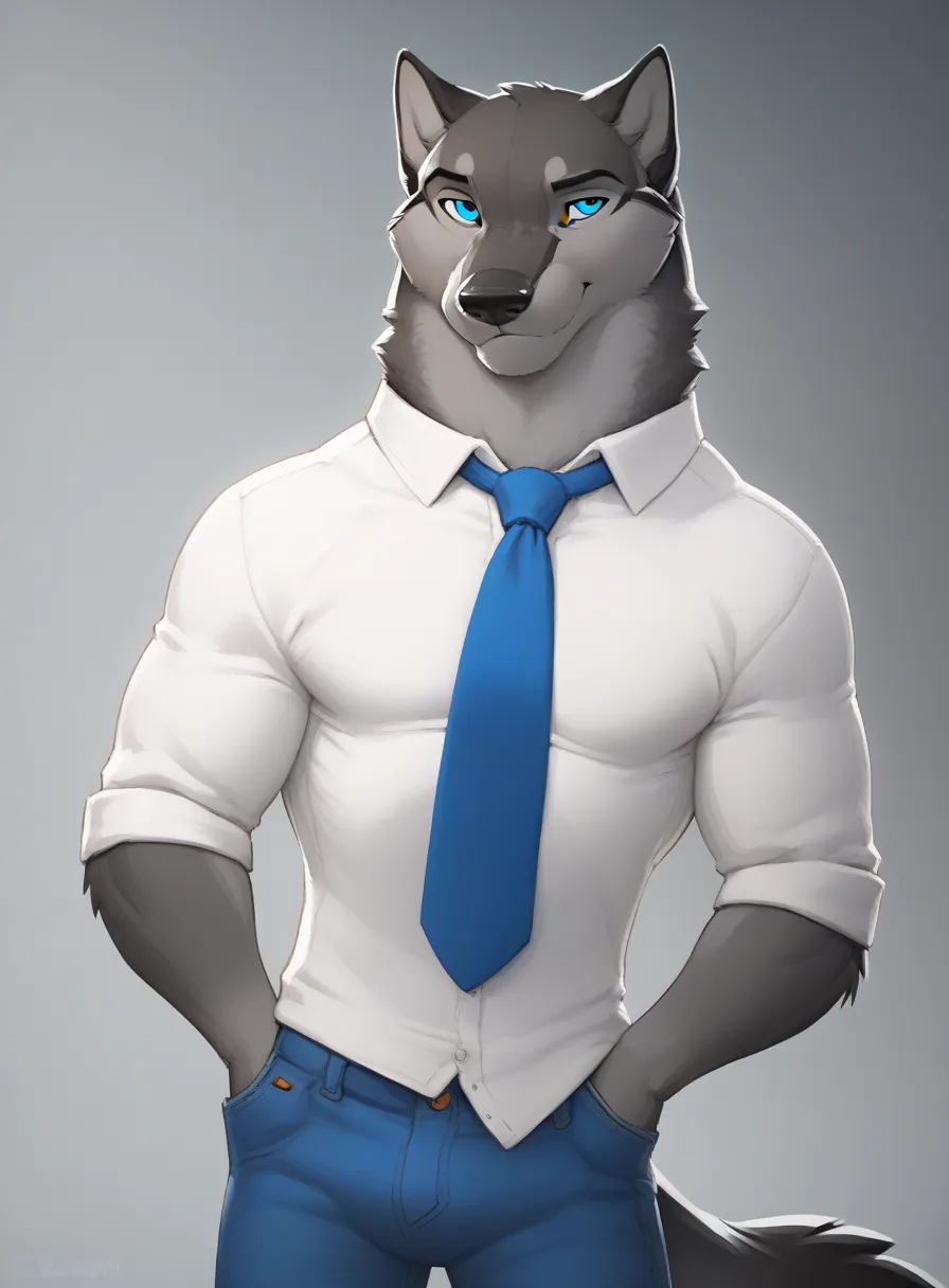 HD 4k, score_9, score_8, by zaush, Alone, muscular, gray wolf, with a long and fluffy tail,  with blue eyes, With a white shirt and a blue tie and blue jeans pants, on a gray background,