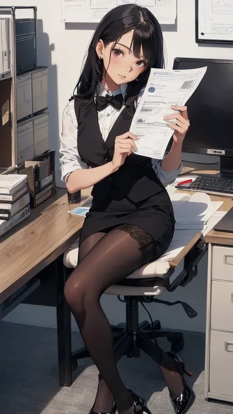 1 girl, Solo, 25 years old, Best Quality, Ultra-detailed, 8K, High resolution, Detailed face, black hair, (((half up))) (((office leady, office uniform, vest, bowtie, pencil skirt, pumps))), in the office, holding a bundle of papers,(((black pantyhoses)))