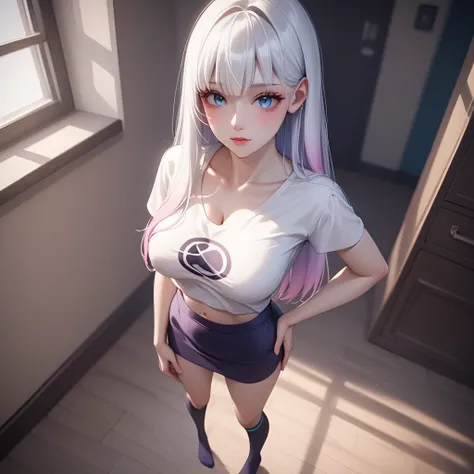 hand on own ass, (pastel purple White hair, gradient hair),, top quality、 Masterpiece、( professional lighting )、 surreal、 (Nipples:0.4), enchanting、 Slim waist、 1 girl, (full body, (Head-to-toe shot:1.4), full body shot, from front, from above,), ( slightl...