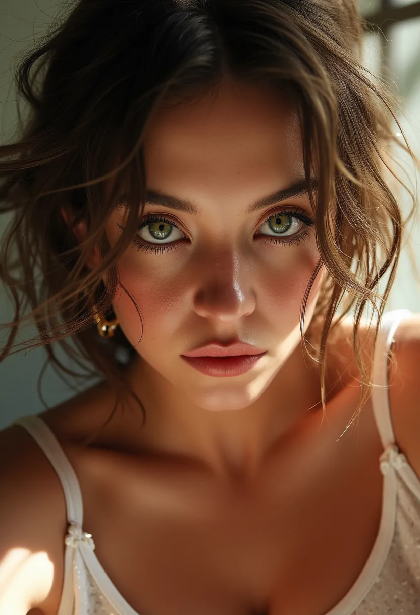 "Create an anime image of a girl with exquisite facial features, including piercing green eyes, long eyelashes, and full lips that are slightly parted. Her face should be the main focus of the image, with intricate details such as delicate nose contours an...