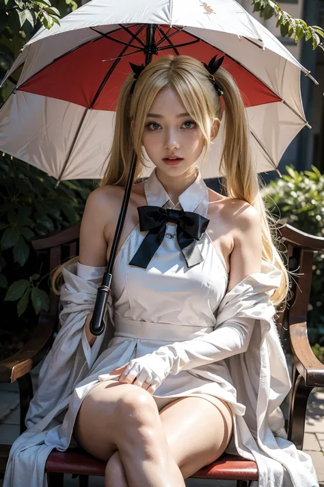 背を向けている, ブロンドヘア, beautiful cute face, (while tasting:1), Blonde woman in white clothes sitting in a red chair holding an umbrella, Cosplay, beautiful succubus, anime girl Cosplay, anime Cosplay, ayaka Cosplay, Twin tails white_gloves, Cosplay photo, Stop 4...