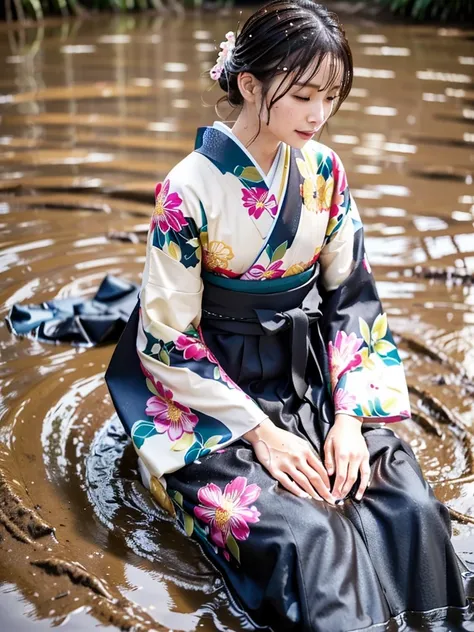 Realistic, long-sleeved kimono, hakama, long hakama, floral patterned kimono, wet clothes, soaking wet clothes, wet and shiny clothes, clothes with a wet texture, clothes that stick to the body, wet clothes, soaking wet, immersed in muddy water, sinking in...