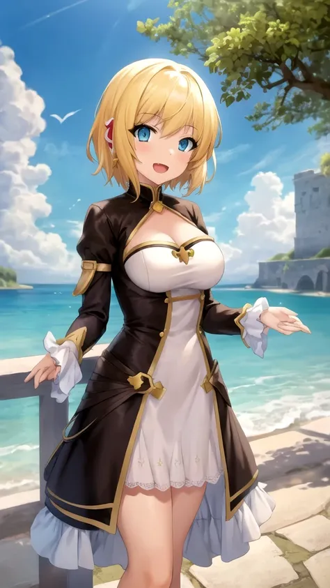 Masterpieces, Best Quality, girl, looking at viewer, Raymond Kirkland, Blonde hair, Blues Eyes, short hair, large breasts, princess connect Re:Dive cosplay, princess Dress, standing, smile, open mouth, outdoors 