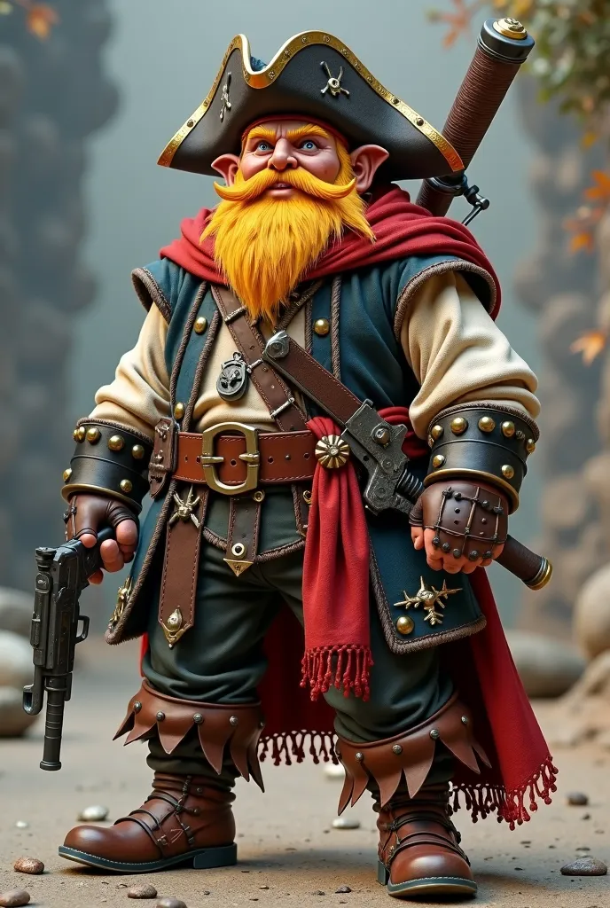 Nain dwarf dawi fantasy avec barbe. Jeune . Pirate. Avec un pistolet à poudre noir dans une main. Deux autres pistolets anciens de pirate à la ceinture. Un sabre de pirate dans l'autre main. Barbe longue. châtain . Baudrier avec deux pistolets  sabre d'abo...