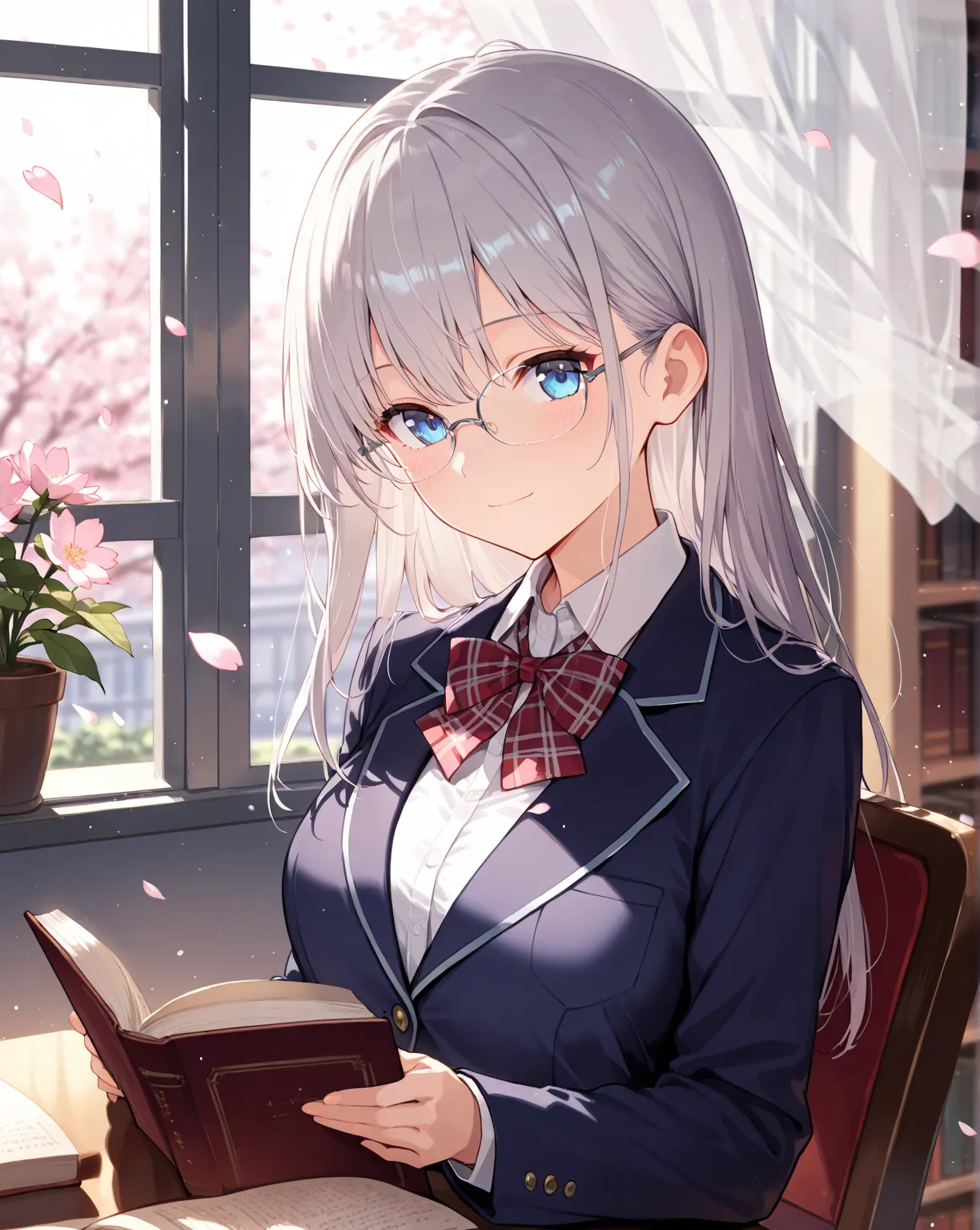 ultra-detailed illustration of 1girl, solo, silver long hair, blue eyes, glasses, school uniform, dark blue blazer, white shirt, gray and red checked ribbon tie, upper body, sitting and reading a book in the library, window, transparent laced curtain, pile...