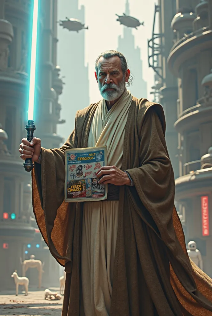 Maître Jedi avec laser et tenant un Catalogue publicitaire  avec un texte : " maître Jedi catalogue"