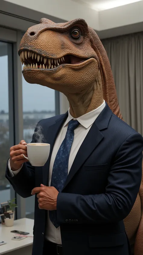 "A Tyrannosaurus rex wearing an elegant suit, holding a cup of coffee in a modern office, with a serious expression as if at a business meetingHigh resolution, anatomically correct,  Super detail ,  Ultra HD, 