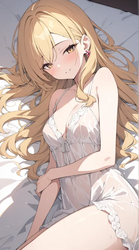 one girl,Highest quality, textured skin, very detailed, anatomically correct, ultra high definition, golden hair, earrings, negligee ,long hair ,love hotel , lying on the bed, seductive smile by Kokusugu,  wheat skin, slender, masterpiece, high detail, 