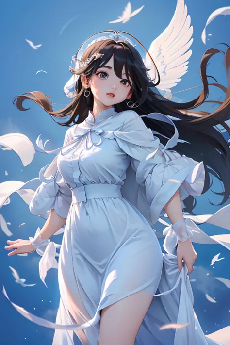 Angel，1 female，Wear a loose, veil-like garment that covers the entire body、Have wings，Floating in the air，Blue background，The atmosphere that blends in，Young face，Far-sighted Eyes，Her plump lips are slightly open，Crisp eyebrows，