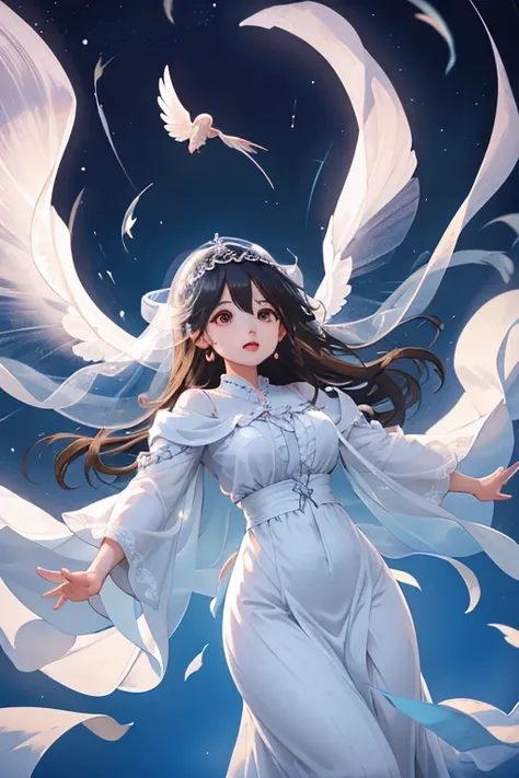 Angel，1 female，Wear a loose, veil-like garment that covers the entire body、Have wings，Floating in the air，Blue background，The atmosphere that blends in，Young face，Far-sighted Eyes，Her plump lips are slightly open，Crisp eyebrows，