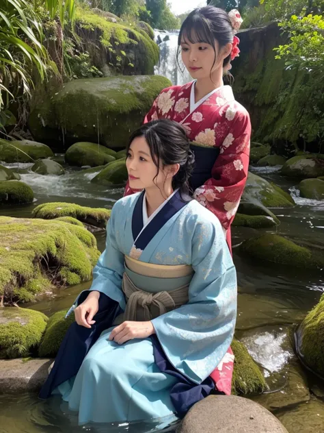 Realistic, furisode, hakama, nagahakama, floral patterned kimono, wet clothes, soaking wet clothes, wet and shiny clothes, clothes with a wet texture, clothes that cling to the body, body outline visible through clothes, skin visible through clothes, wet c...