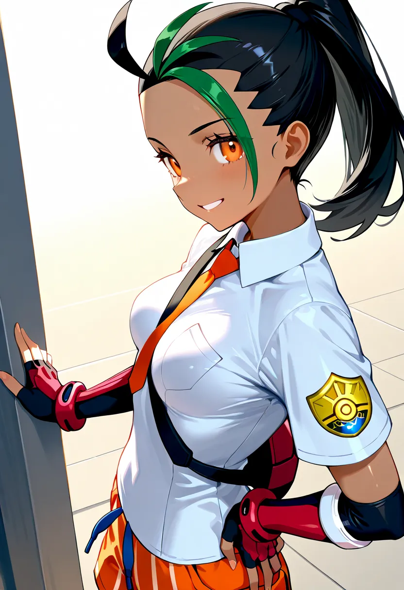 1girl, standing, one hand on hip, facing viewer, from side, BREAK Nemona \(Pokemon\), black hair, green hair, orange eyes, dark skin, multicolored hair, two-tone hair, ponytail, hair pulled back, collared shirt, fingerless gloves, orange shorts, (small bre...