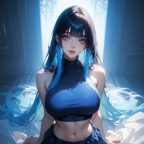 ((pastel blue black, hair, gradient hair ), best quality 、 Masterpiece、( professional lighting )、 surreal、( wearing high heels) , Charming、 slender supermodel 、 one adult female , ((from above, upper body, look at viewer), (slightly larger breasts, midriff...