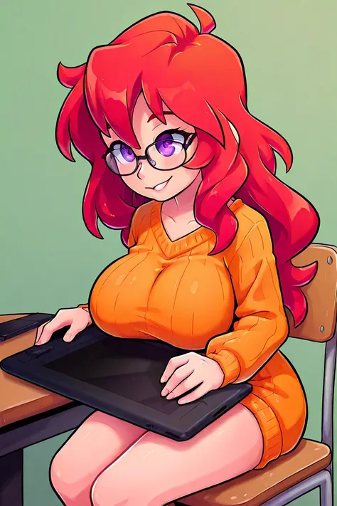 slender Caucasian girl with huge breasts, Perfect long wavy red hair with purple eyes, with a rough and sexy look . She only has an open orange cardigan sweater with glasses. She is sitting in her chair drawing on her graphics tablet, her PC and her desk, ...