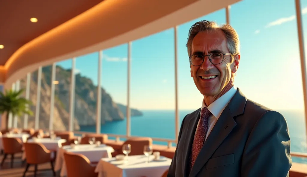 (a portrait of smiling 50 years old man)) in (elegant very large restaurant with hight mezzanine) in pastels colors ambience inspired by Denis Fremont, Denis Fremont masterpiece, in style of Hajime Sorayama, intense blue sky and sunshineavec vue sur panora...