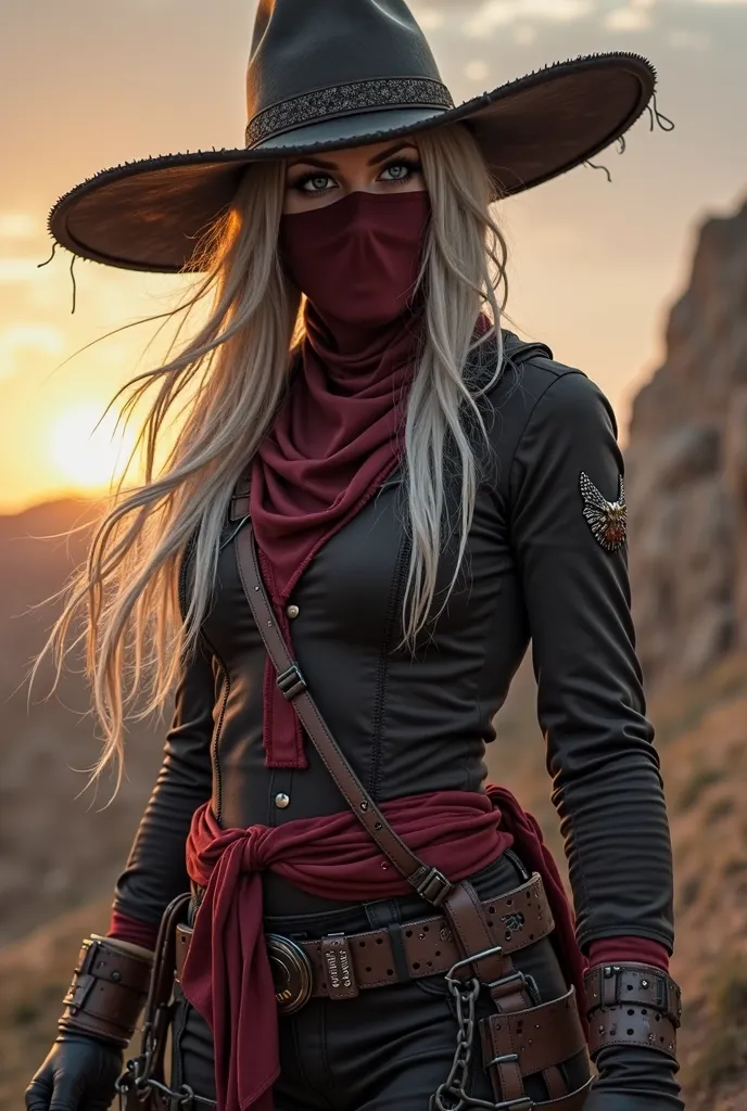 I want a female character, reference The Walking Dead,  long white hair, black and red clothes, big physical attributes, sombrero,cowboy style with a rifle, ninja mode, full body, Without clothes so daring, facial features of a strong woman but consent mov...