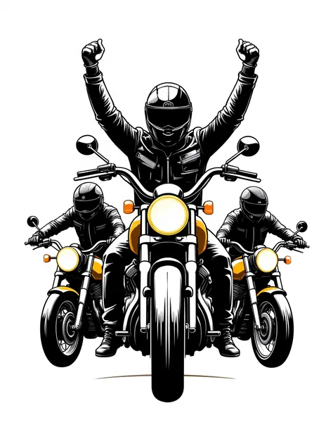 Create a logo for a motorcycle club.  The image must contain 3 motorcyclists wearing helmets (closed helmet) on their motorcycles wearing a leather jacket. One of the bikers must raise their arms celebrating (closed fists).front view. creative.Deve ser lin...