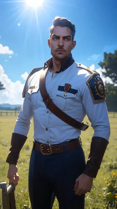 professional photo of pat32 in simple brown empire travel uniform with rank insignia on arms and leather belts, brown uniform, bullet bandolier, heathl male_focus, KTemplar, perfect eyes, upper body shot low lighting, moody, large depth of field, warhammer...