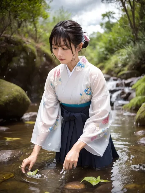 Realistic, furisode, hakama, nagahakama, floral patterned kimono, wet clothes, soaking wet clothes, wet and shiny clothes, clothes with a wet texture, clothes that cling to the body, body outline visible through clothes, skin visible through clothes, wet c...