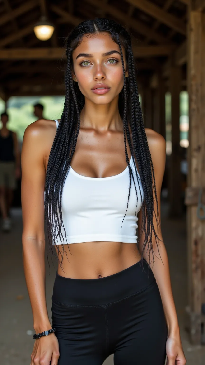 Beautiful young Colombian woman, green eyes, black hair in long braids, luscious lips, dimples, white skin, wet white tank top and black sports leggings, posing in a barn on a very beautiful farm, photo for an Instagram post, digital influencer