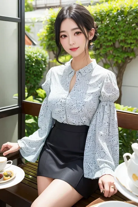 (High Definition), Lady, Japan Person, Cute, Black Hair Short, wearing Puff Sleeve Blouse White, Flair Skirt, Flower Dot Print,Trad Style For Female,  Glance, At Hotel Garden Terrace Cafe, After noon Tea Set & Some Books on a Table, Key Light, Spring Field...