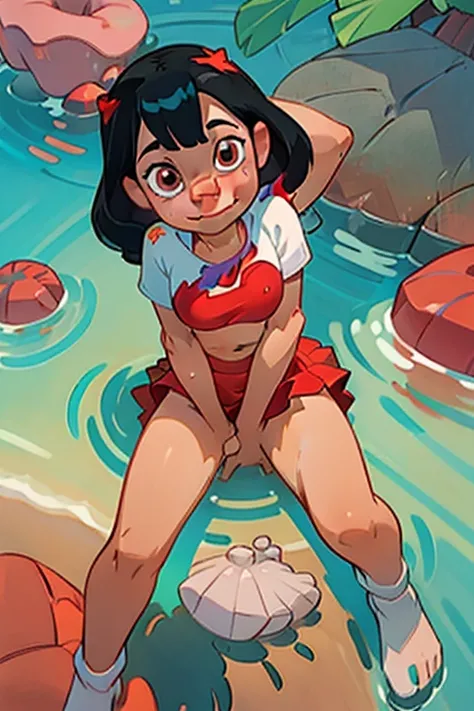 ((1girl, Lilo pelekai, lilo and stitch, long black hair, detailed eyes, high detail, masterpiece, 8k,  at the beach,, ( white shirt, red skirt),, )), 
(((rocks at beach))), (((crystal water))), ((UPSKIRT)), ((Skirt flipping)),

(stockings), (((solo, alone)...