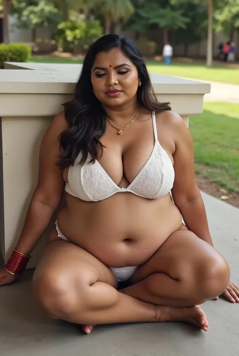 Plus size bbw, beautiful old married woman,wrinkle, plump,matte ,wavy medium hair, big boobs, fair skin, big cheekbones, beautiful, indian,big chin,bangles red and golden, jewellery on neck, nose pin jewellery,thick tighs ,big belly sitting on the floor wi...