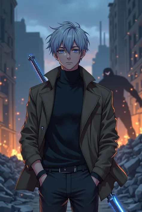 Semi realistic full body anime boy,slanted eyes blue as the sky ,white hair with bangs covering her forehead, White Eyebrows , muscular and handsome ,mole on the neck on the right side ,black turtleneck shirt ,with dark brown jacket over it that reaches up...