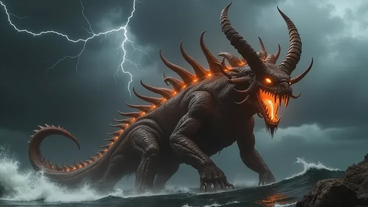 "A colossal and terrifying creature emerges from the raging sea under a stormy sky. It has 7 demonic heads. Its dark, scaly skin glows under lightning that cuts through the thunderclouds. The beast has 7 monstrous heads, some heads have 1 horn and others h...