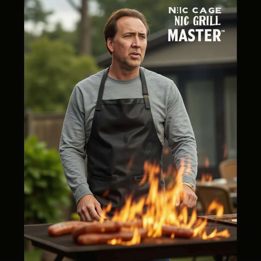 Nicolas Cage wearing an apron and jeans, standing in a garden, grilling sausages on a grill, big text: NIC CAGE GRILL MASTER