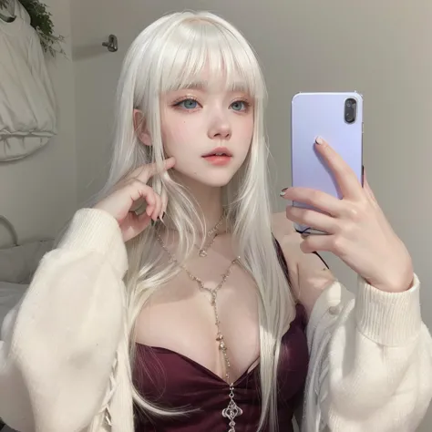 blond haired woman with long white hair taking a selfie, with white long hair, long white hair and bangs, white hime cut hairstyle, with long white hair, perfect white haired girl, girl with white hair, her hair is white, white bangs, hair whitebangs hair,...