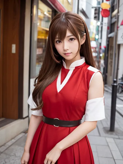 Brown-haired Japanese idol woman dressed in red Zaft cosplay