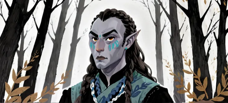 2D ART, hyper detailed gouache painting, illustration, gougoupaintleaves style, portrait of a man, 1boy, solo, long_hair, braided brown hair, high_ponytail_hairstyle, male_drow:1.5, dark elf, black eyes, black_sclera, detailed face, handsome features, dark...