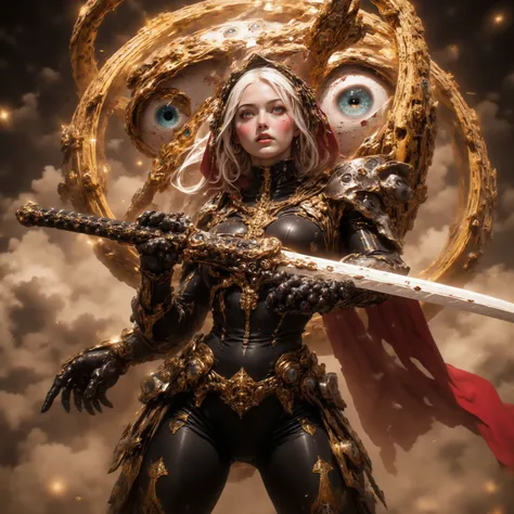 Cybernetic combat Nun with Shoulder length Blonde hair, tanned skin, glowing Blue Irises with black pupils and white Scalera, wielding a High tech Long Sword, Wearing a Red and Black Nun's Habit on her head, wearing a Black and Metallic Red High-Tech power...