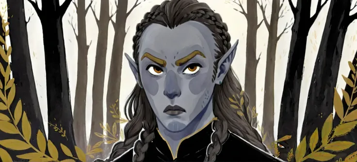 2D ART, hyper detailed gouache painting, illustration, gougoupaintleaves style, portrait of a man, 1boy, solo, long_hair, braided brown hair, high_ponytail_hairstyle, male_drow:1.5, dark elf, black eyes, black_sclera, detailed face, handsome features, dark...