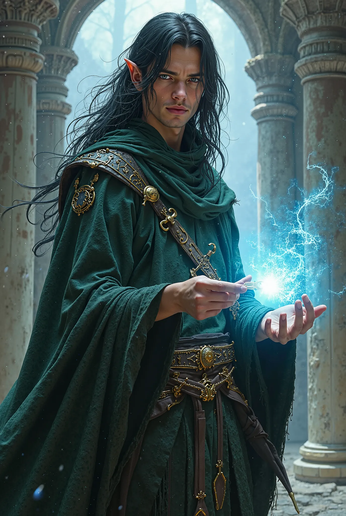 Powerful Young Male Elven warlock of a young âge with long dark hair with magic come out of hand