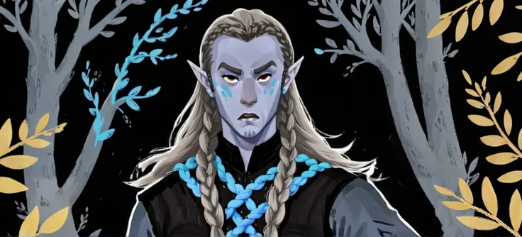 2D ART, hyper detailed gouache painting, illustration, gougoupaintleaves style, portrait of a man, 1boy, solo, long_hair, braided brown hair, high_ponytail_hairstyle, male_drow:1.5, dark elf, black eyes, black_sclera, detailed face, handsome features, dark...