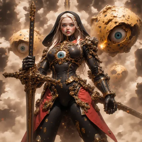 Cybernetic combat Nun with Shoulder length Blonde hair, tanned skin, glowing Blue Irises with black pupils and white Scalera, wielding a High tech Long Sword, Wearing a Red and Black Nun's Habit on her head, wearing a Black and Metallic Red High-Tech power...