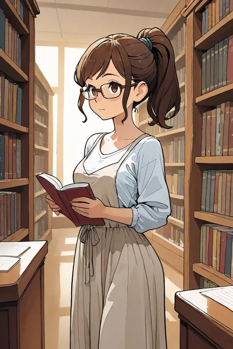 girl, short brown hair, pony tail, brown eyes, glasses, in a library