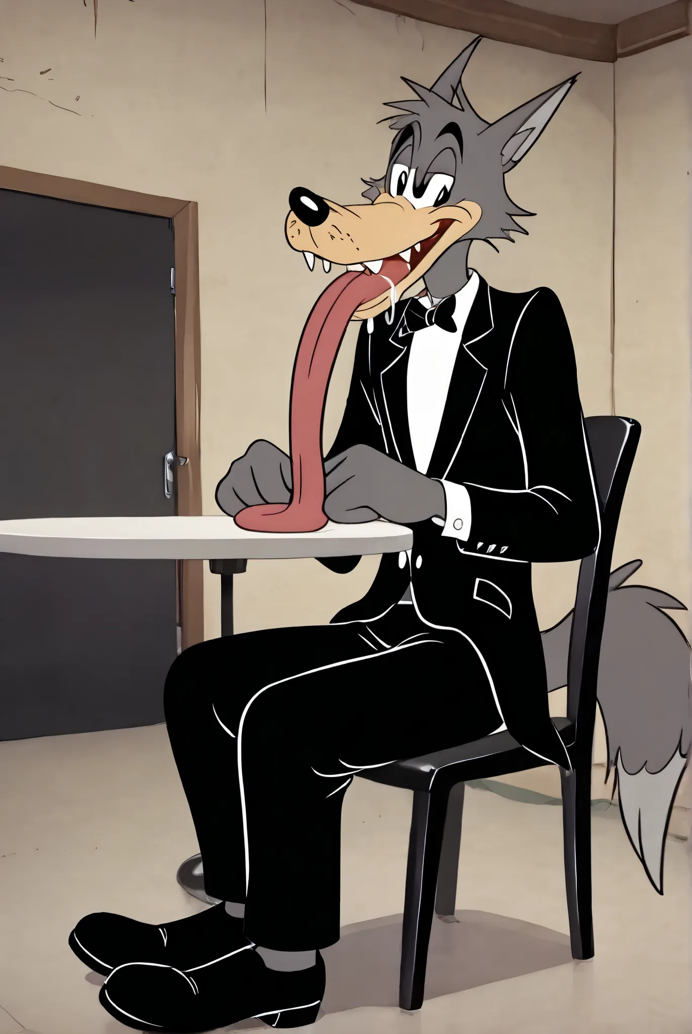 Tex Avery Wolf, animation, 2D, cartoon style, wolf ears, angle, athletic body, mouth open, toony long tongue out, extremely long tongue stretches down longer and longer and longer and longer to pile all over the white table, drooling, satisfied expression,...