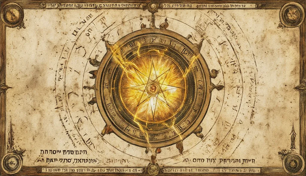 A symmetrical alchemical manuscript depicting the Templar’s alleged idol, the Seal of Baphomet. The sigil is surrounded by planetary symbols, Hebrew letters, and sacred geometry, hinting at an encrypted message. A golden aura illuminates hidden inscription...